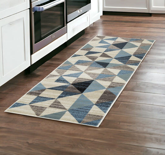 8' Runner Blue Geometric Runner Rug - 26.0" (H) x 95.0" (W) x 0.5" (D)