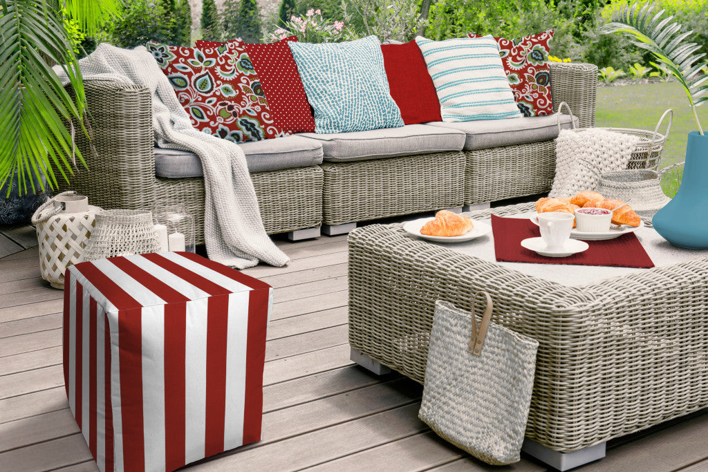 17" Red And White Cube Striped Indoor Outdoor Pouf Cover