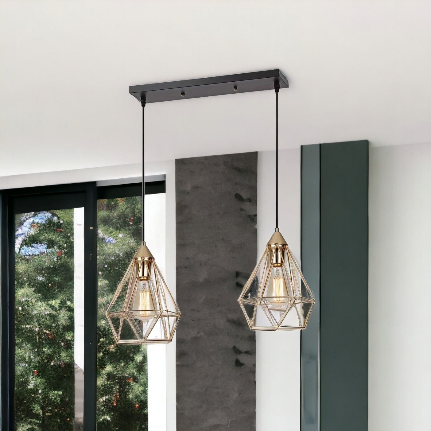 Kitchen Island Geometric Two Light Iron Flush Ceiling Light With Gold Shades