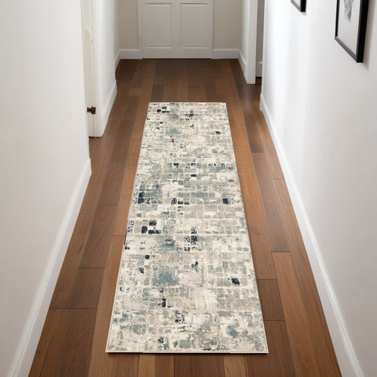 8' Runner Blue and Beige Abstract Runner Rug - 26.0" (H) x 95.0" (W) x 0.5" (D)