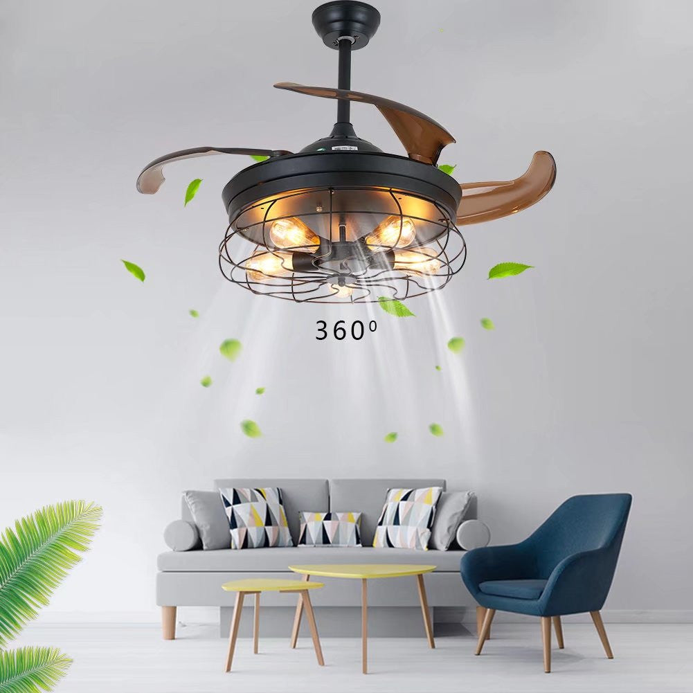 Industrial Caged Ceiling Lamp And Retractable Fan