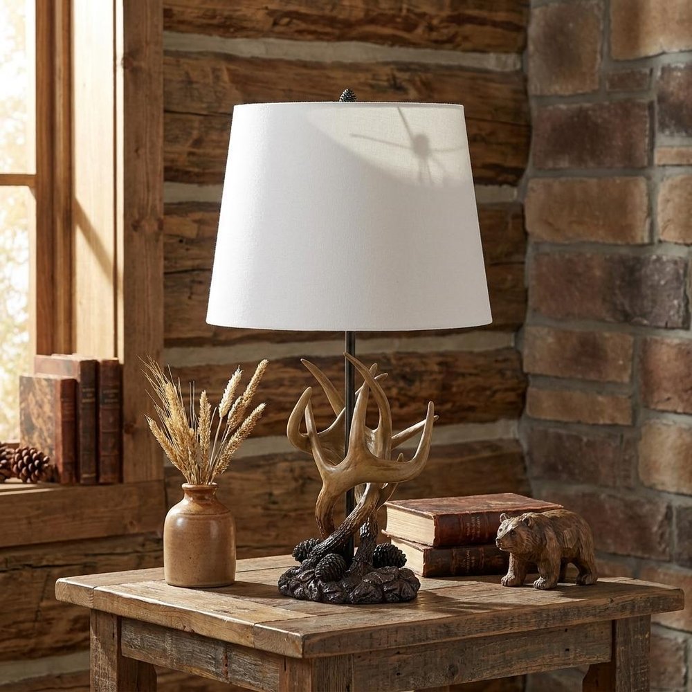 26" Natural And Brown Antlers Table Lamp With White Shade — view 6