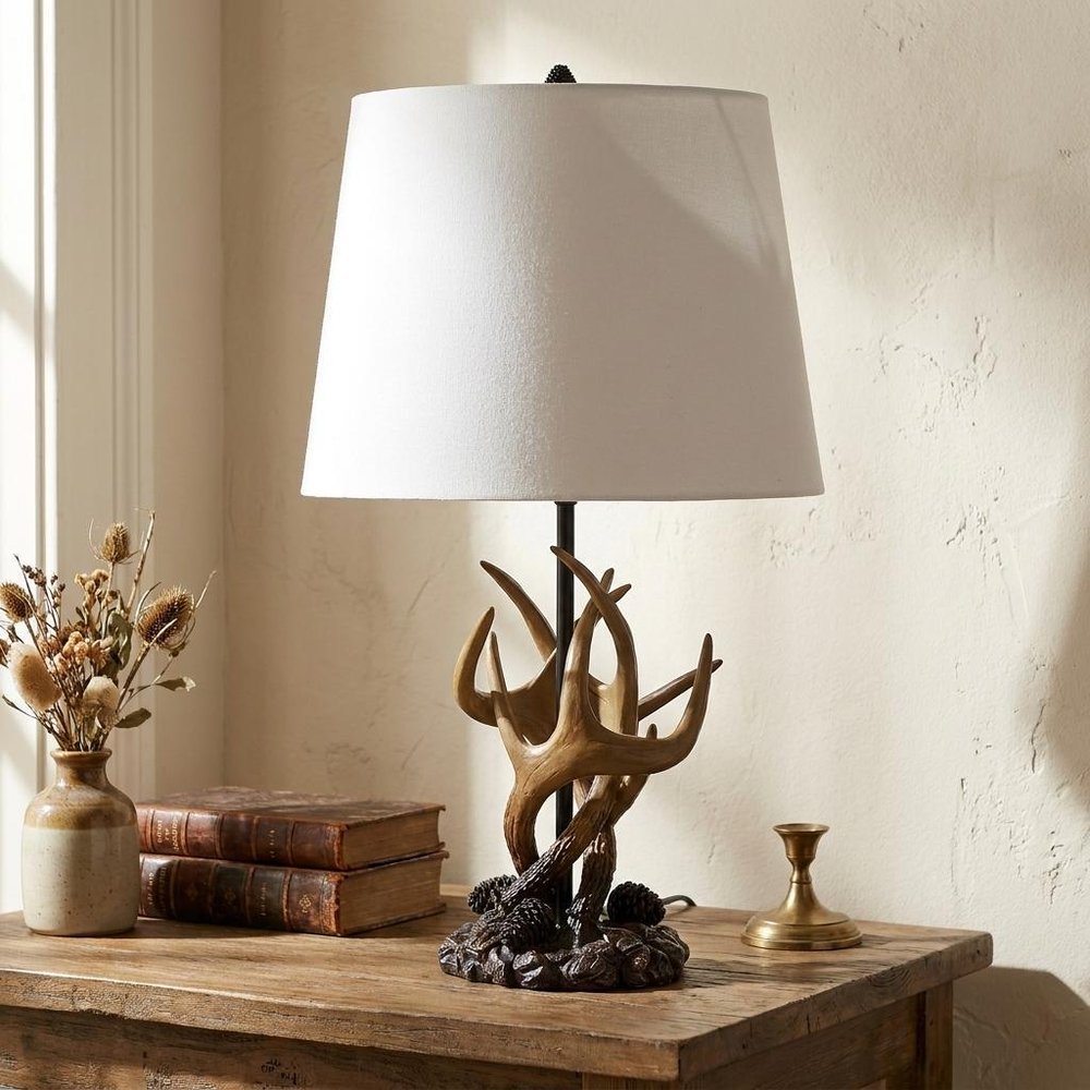 26" Natural And Brown Antlers Table Lamp With White Shade — view 7