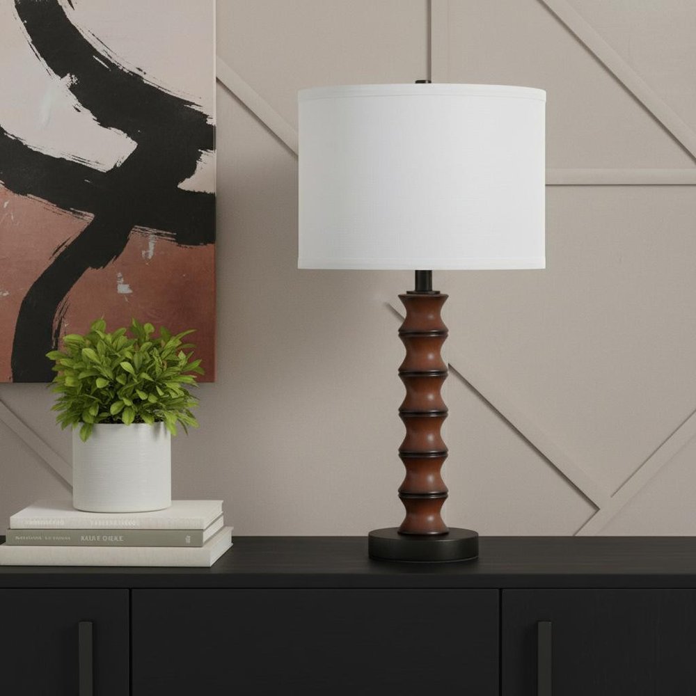 28" Dark Cherry Polyresin Indents Table Lamp With White Shade HomeRoots