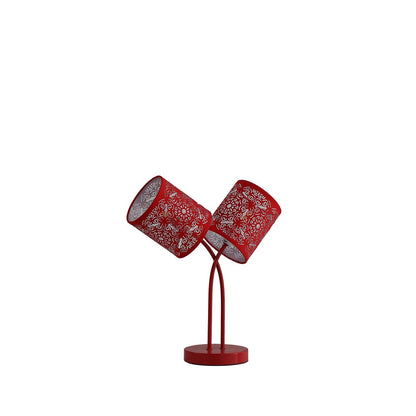 17" Red Metal Two Light Table Lamp With Red Abstract Drum Shade HomeRoots