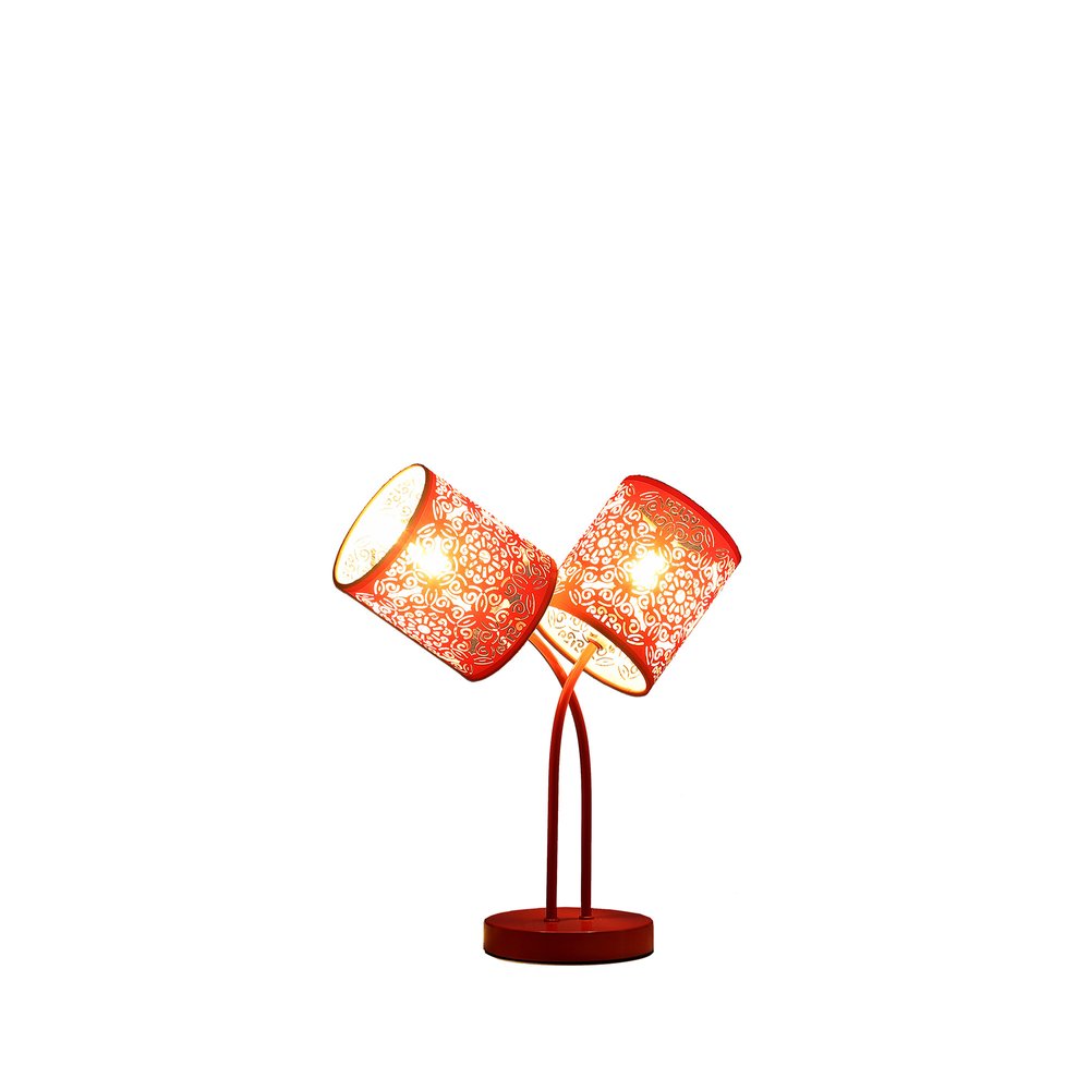 17" Red Metal Two Light Table Lamp With Red Abstract Drum Shade HomeRoots