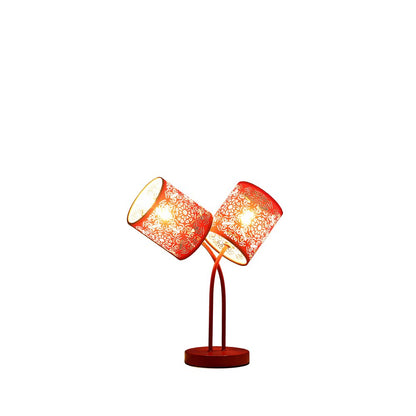 17" Red Metal Two Light Table Lamp With Red Abstract Drum Shade HomeRoots