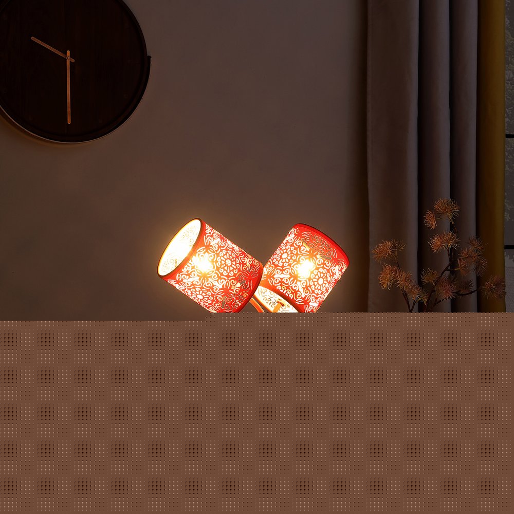 17" Red Metal Two Light Table Lamp With Red Abstract Drum Shade HomeRoots