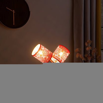 17" Red Metal Two Light Table Lamp With Red Abstract Drum Shade HomeRoots