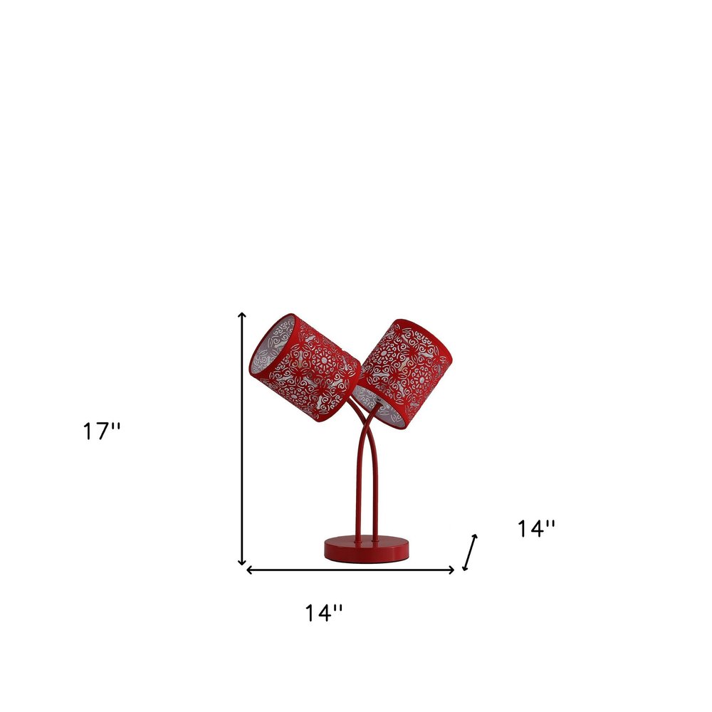 17" Red Metal Two Light Table Lamp With Red Abstract Drum Shade — view 3