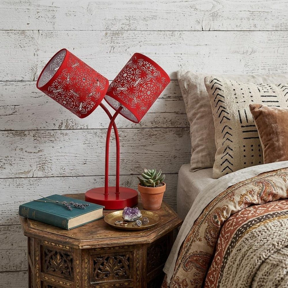 17" Red Metal Two Light Table Lamp With Red Abstract Drum Shade HomeRoots