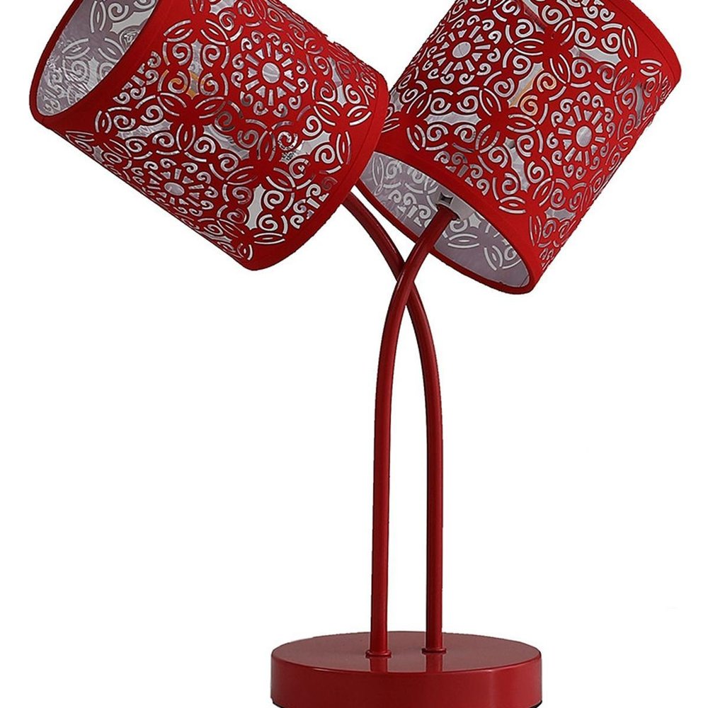 17" Red Metal Two Light Table Lamp With Red Abstract Drum Shade HomeRoots