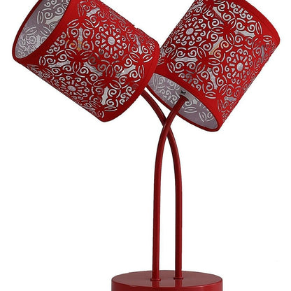17" Red Metal Two Light Table Lamp With Red Abstract Drum Shade HomeRoots