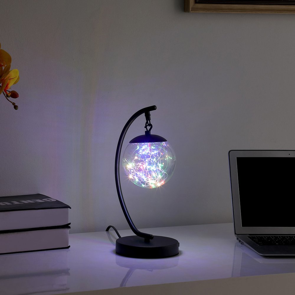 14" Matte Black Metal Arched Hanging Orb USB Table Lamp HomeRoots