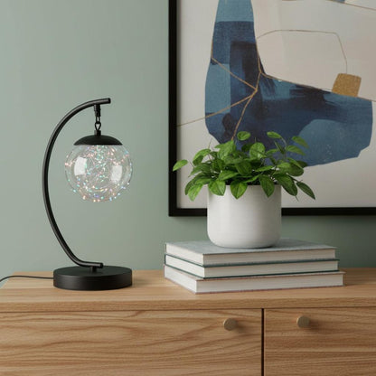 14" Matte Black Metal Arched Hanging Orb USB Table Lamp HomeRoots