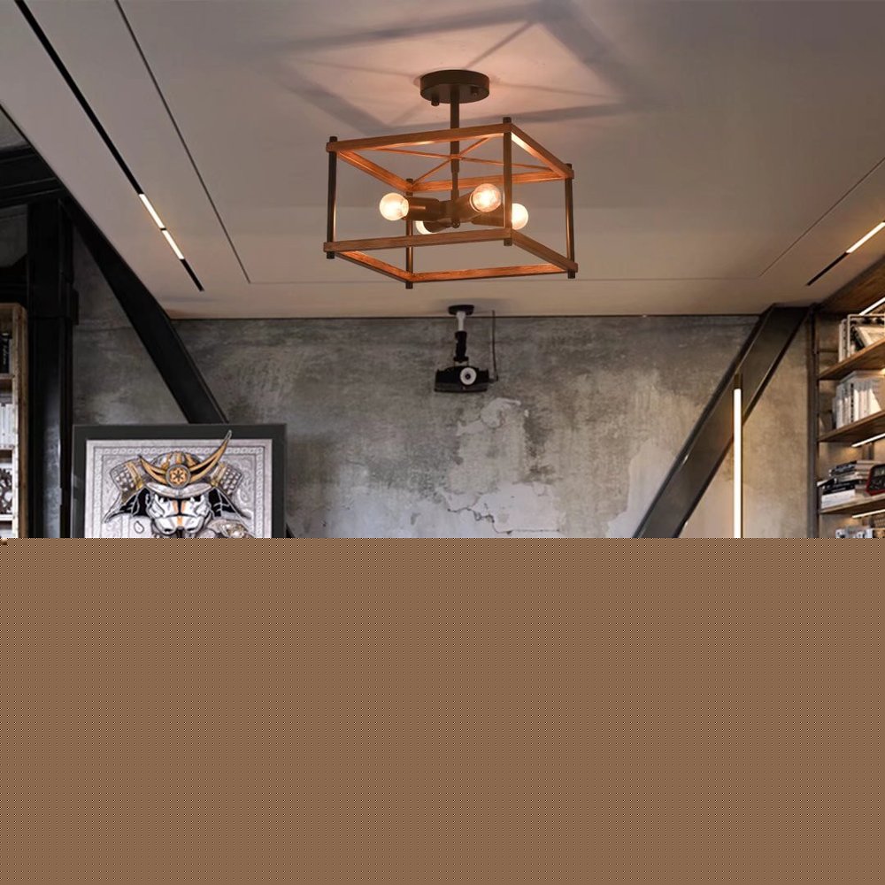 Industrial Wood Square Four Light Ceiling Fixture HomeRoots