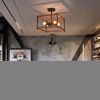 Industrial Wood Square Four Light Ceiling Fixture HomeRoots