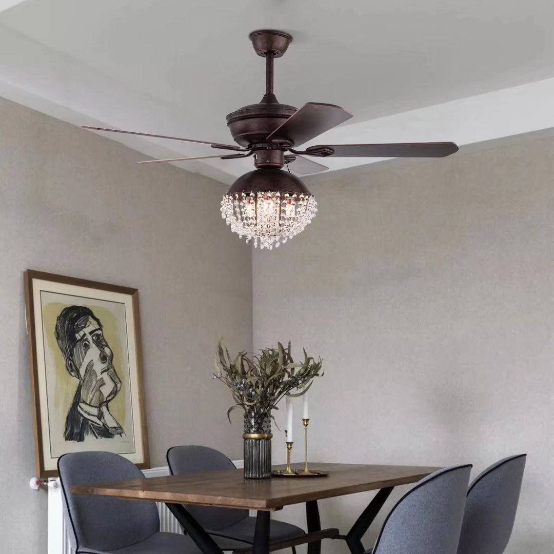 Antiqued Brown and Faux Crystal Chandelier Ceiling Fan