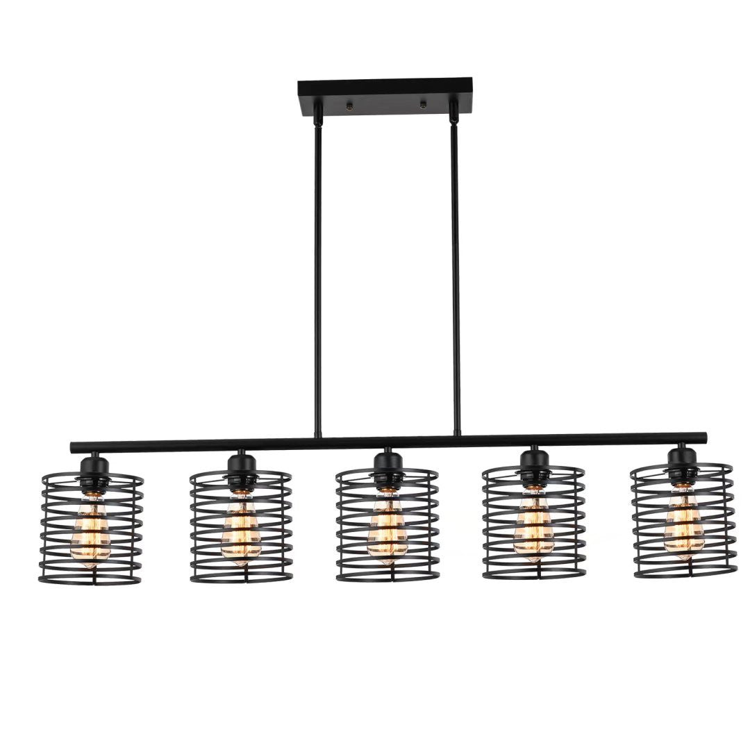 Industrial Black Cage Five Light Metal Pendant Chandelier