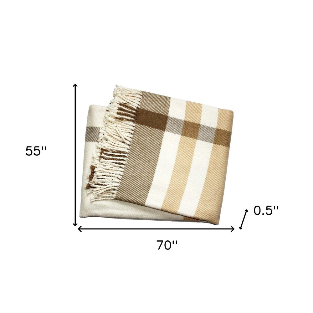 Plush Multi Beige Plaid Throw Blanket with Tassels HomeRoots