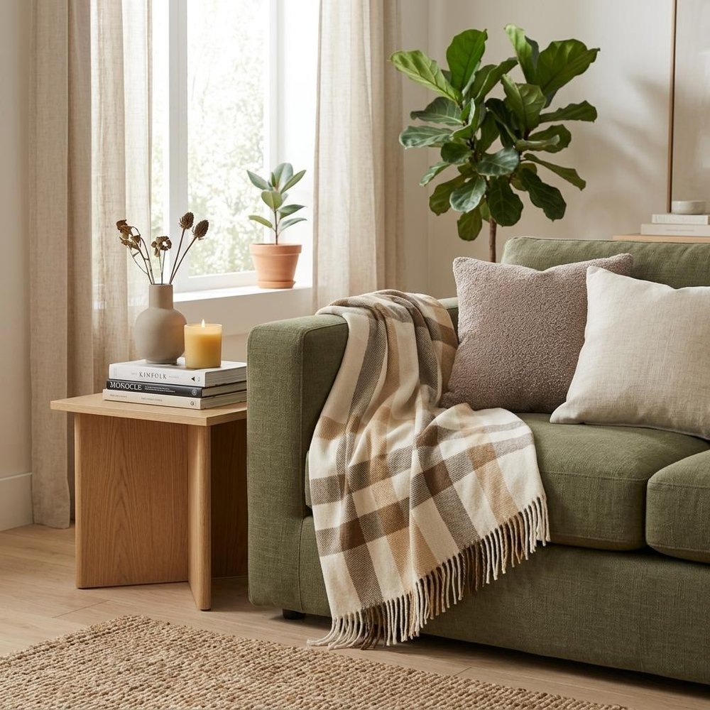 Plush Multi Beige Plaid Throw Blanket with Tassels HomeRoots