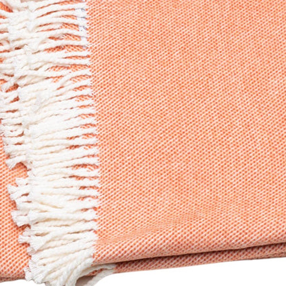 55" X 70" Coral And Ivory Cotton Woven Plush Throw Blanket with Tassels HomeRoots
