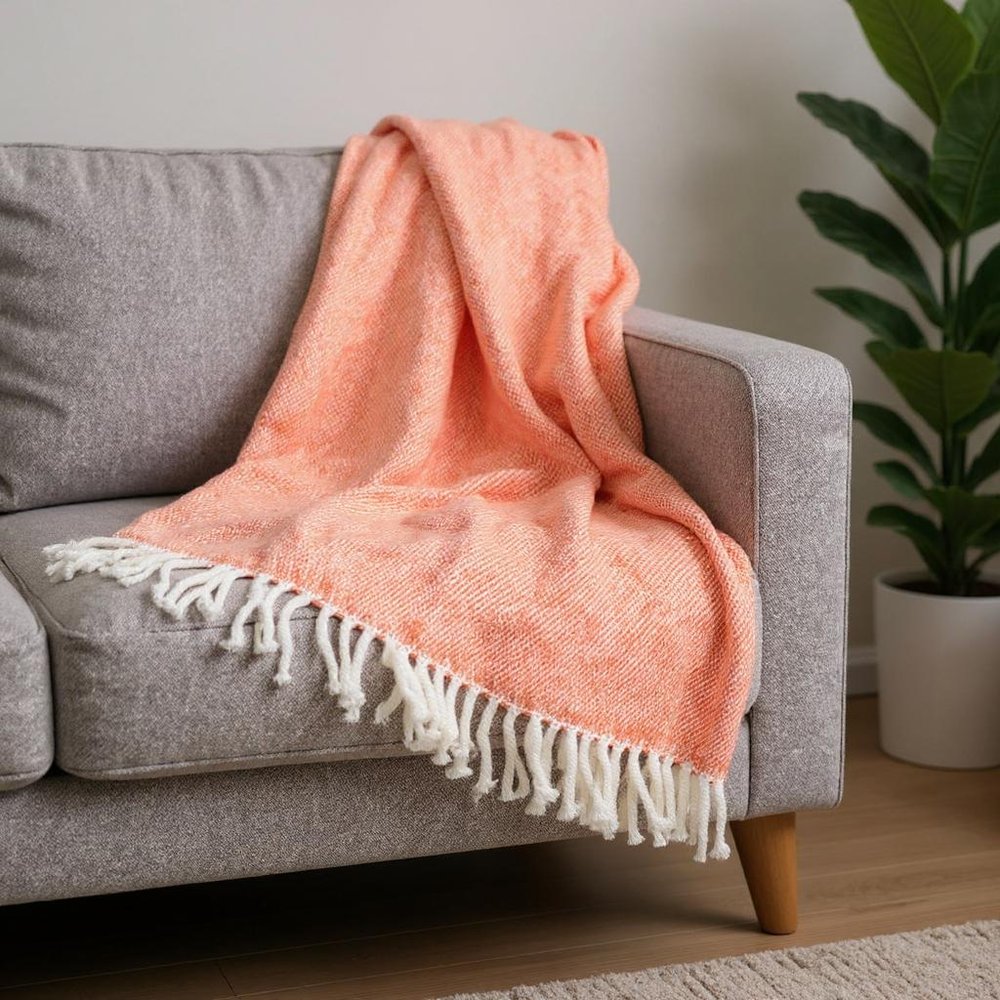 55" X 70" Coral And Ivory Cotton Woven Plush Throw Blanket with Tassels — view 4
