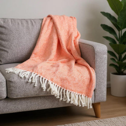 55" X 70" Coral And Ivory Cotton Woven Plush Throw Blanket with Tassels HomeRoots