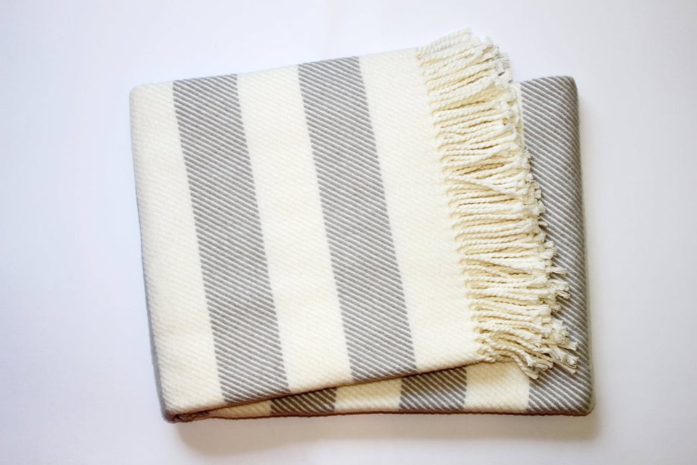 Cream and Gray Slanted Stripe Fringed Throw Blanket HomeRoots