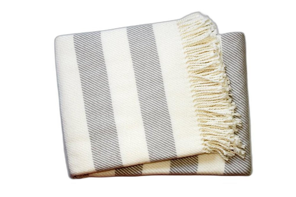 Cream and Gray Slanted Stripe Fringed Throw Blanket HomeRoots