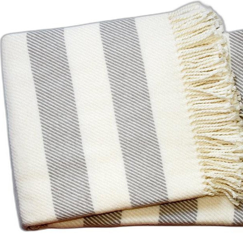 Cream and Gray Slanted Stripe Fringed Throw Blanket HomeRoots