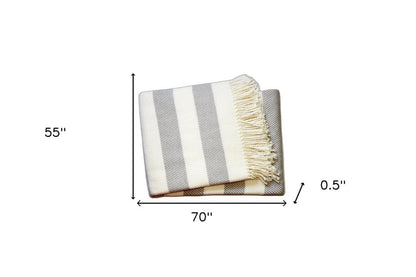 Cream and Gray Slanted Stripe Fringed Throw Blanket HomeRoots