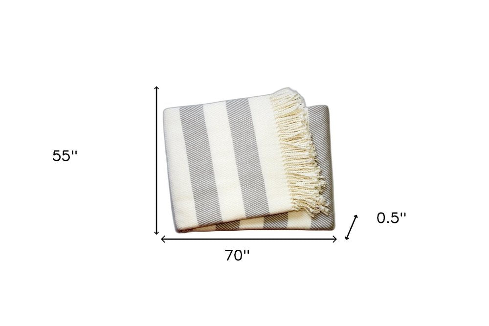 Cream and Gray Slanted Stripe Fringed Throw Blanket HomeRoots