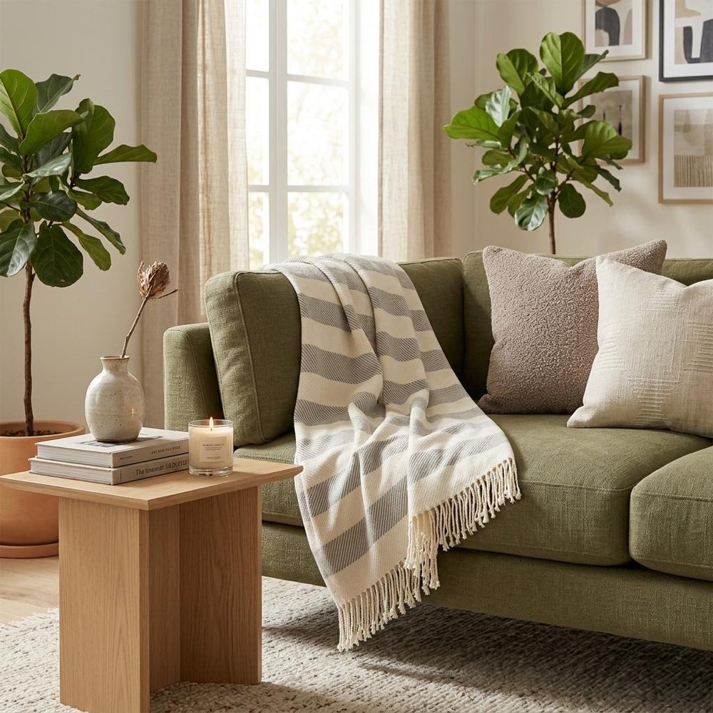 Cream and Gray Slanted Stripe Fringed Throw Blanket HomeRoots