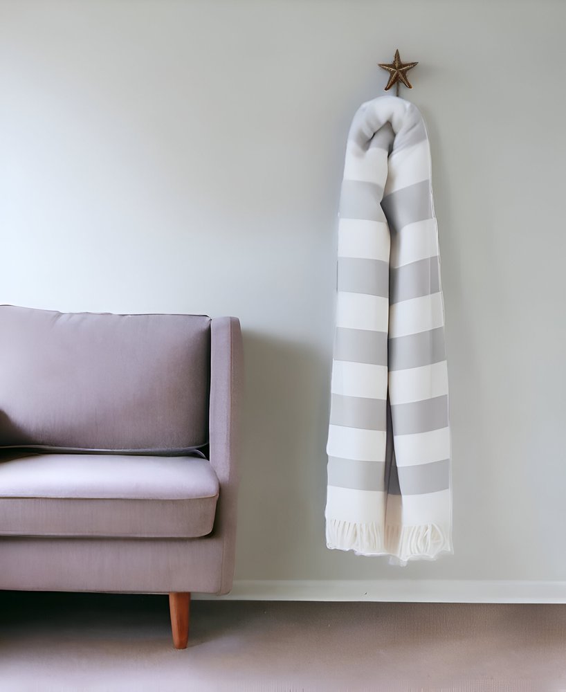 Cream and Gray Slanted Stripe Fringed Throw Blanket HomeRoots