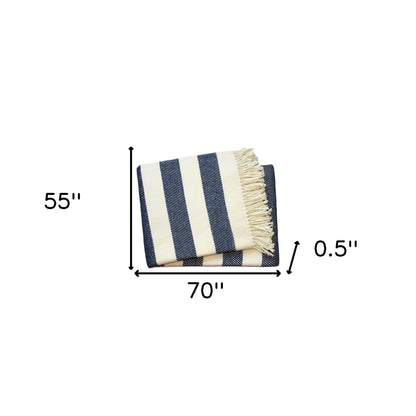 Cream and Navy Blue Slanted Stripe Fringed Throw Blanket