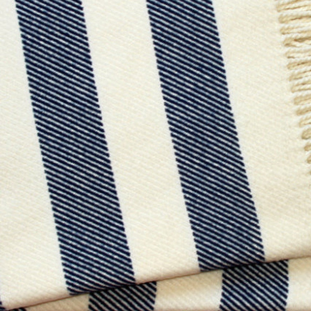 Cream and Navy Blue Slanted Stripe Fringed Throw Blanket