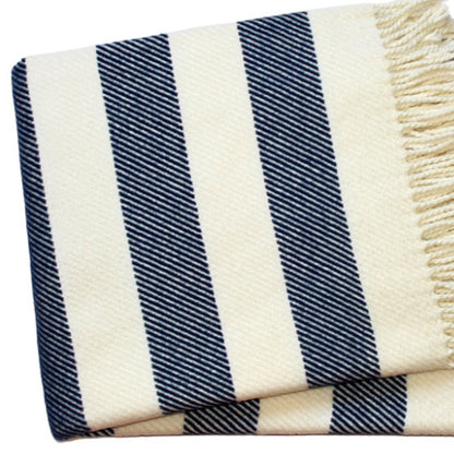 Cream and Navy Blue Slanted Stripe Fringed Throw Blanket