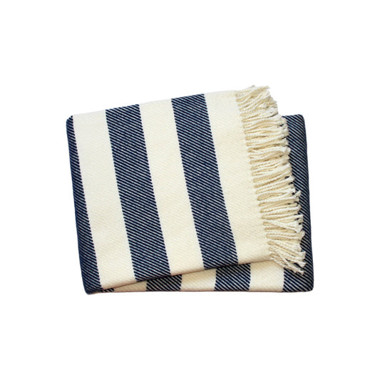 Cream and Navy Blue Slanted Stripe Fringed Throw Blanket