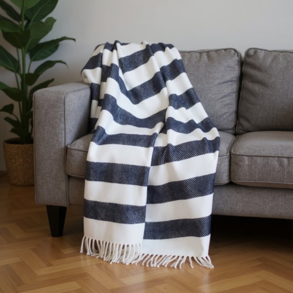 55" X 70" Blue And Cream Striped Cotton Plush Throw Blanket HomeRoots