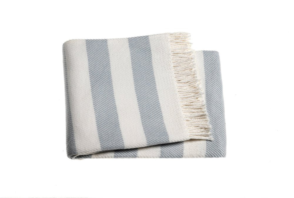 Cream and Sky Blue Slanted Stripe Fringed Throw Blanket HomeRoots