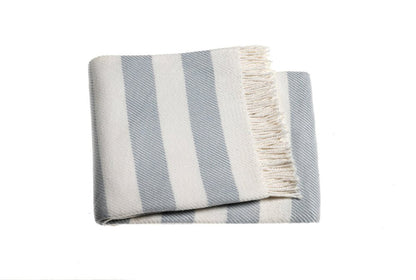 Cream and Sky Blue Slanted Stripe Fringed Throw Blanket HomeRoots