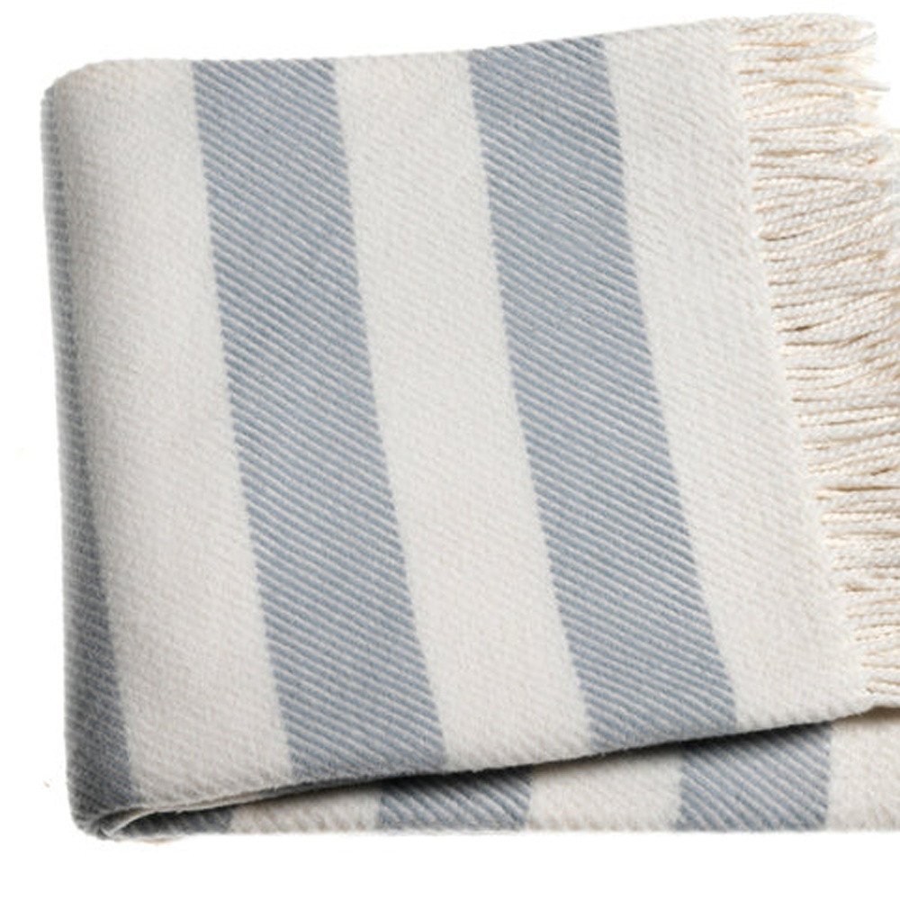 Cream and Sky Blue Slanted Stripe Fringed Throw Blanket HomeRoots
