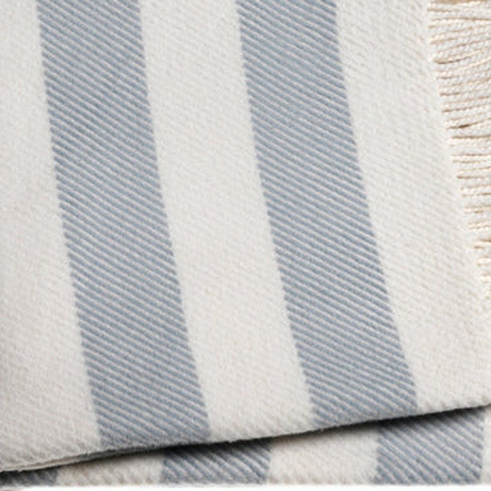 Cream and Sky Blue Slanted Stripe Fringed Throw Blanket HomeRoots