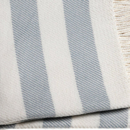 Cream and Sky Blue Slanted Stripe Fringed Throw Blanket HomeRoots