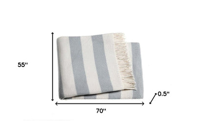Cream and Sky Blue Slanted Stripe Fringed Throw Blanket HomeRoots