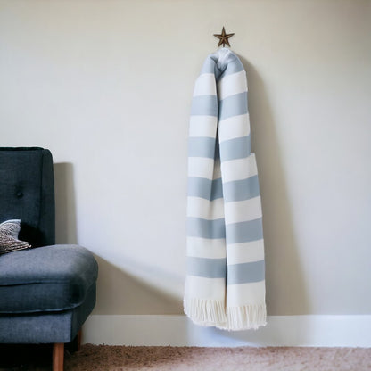 Cream and Sky Blue Slanted Stripe Fringed Throw Blanket HomeRoots