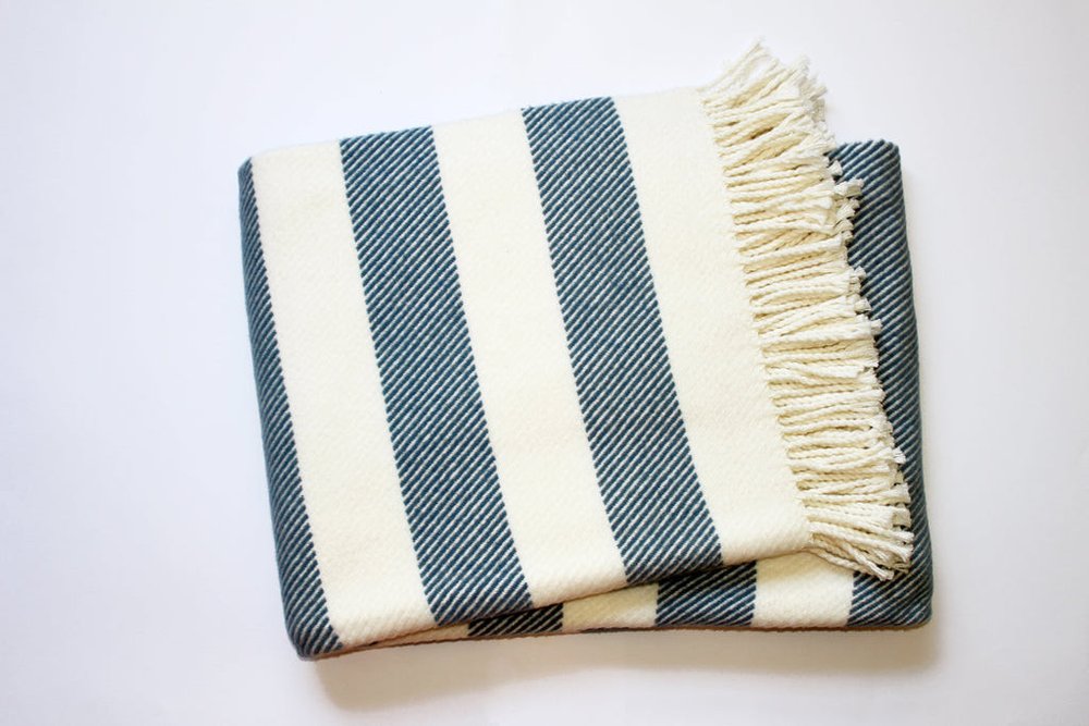 Cream and Slate Slanted Stripe Fringed Throw Blanket HomeRoots
