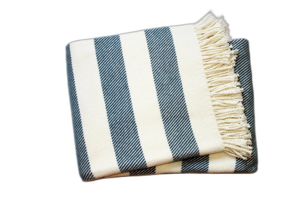 Cream and Slate Slanted Stripe Fringed Throw Blanket HomeRoots