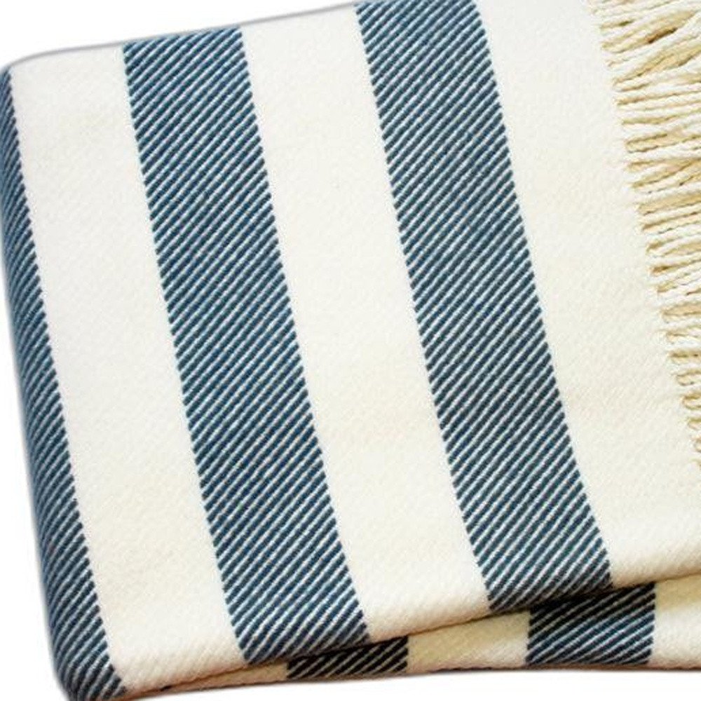 Cream and Slate Slanted Stripe Fringed Throw Blanket HomeRoots